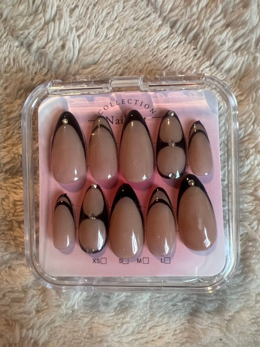 Neutral Press-On Nails with Black Tips and Rhinestones